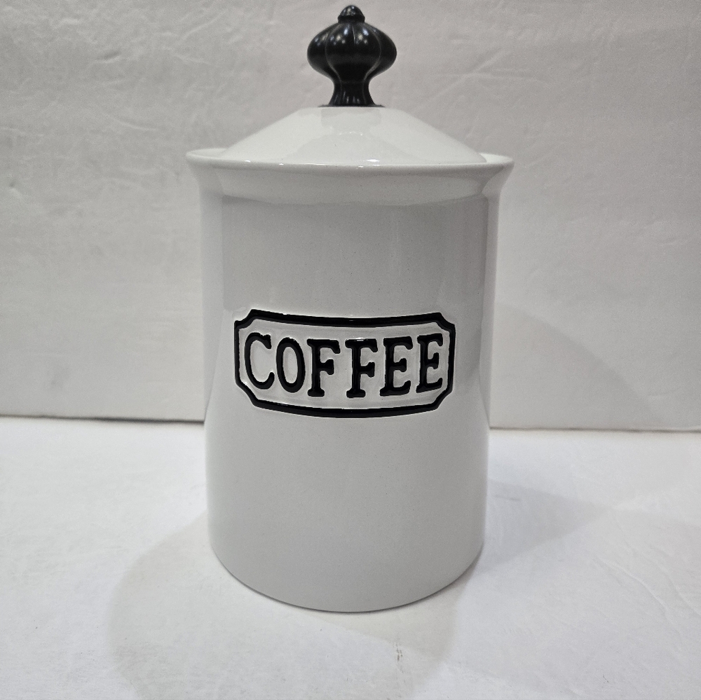 THL Classic French Country Coffee Canister Raised Black Lettering Black Knob